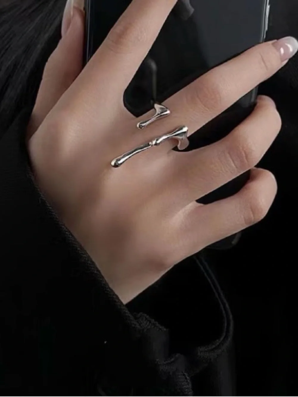 Silver irregular ring, abstract squiggly liquid ring